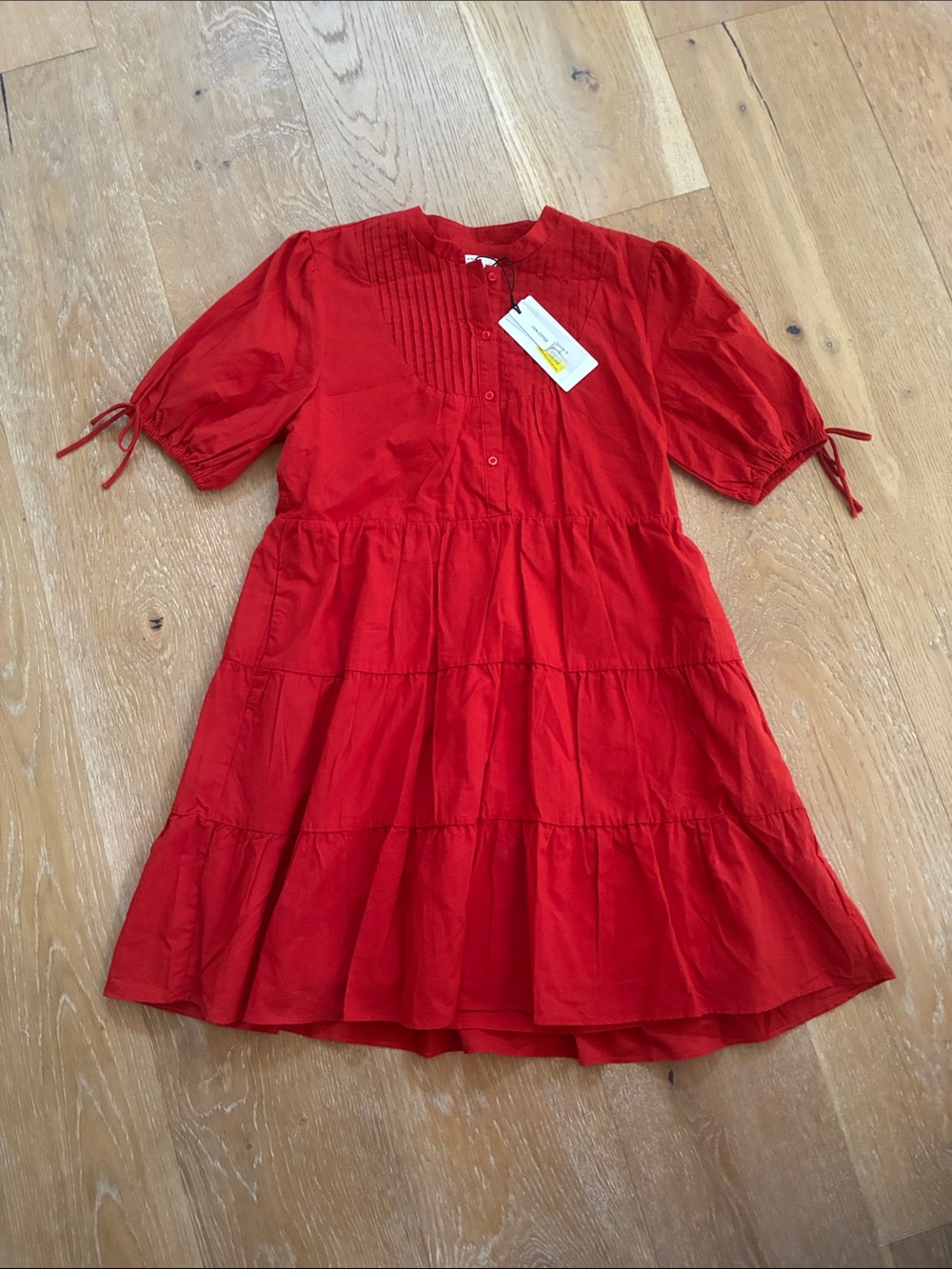 Girls' Red Tiered Short-Sleeve Cotton Dress with Pintuck Front